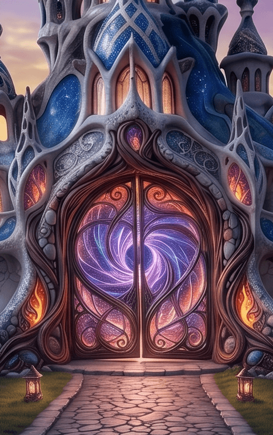 The Door of the Guild — an arched portal with a swirling violet-magenta vortex, framed in stone and lantern light